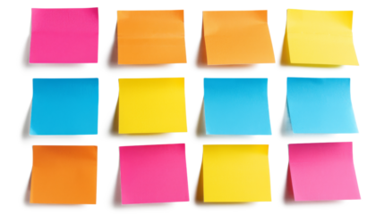 Colorful blank sticky notes isolated on transparent background