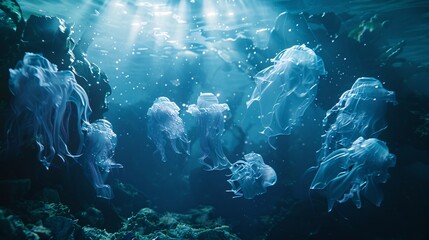 Fototapeta premium An immersive underwater tableau capturing the ethereal beauty of bioluminescent organisms obscured by a veil of plastic pollution, with 32k cel shading lending depth and texture to the scene