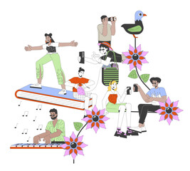 Diverse people hobbies 2D linear illustration concept. Multiethnic adults leisure activities cartoon characters isolated on white. Lifestyle metaphor abstract flat vector outline graphic