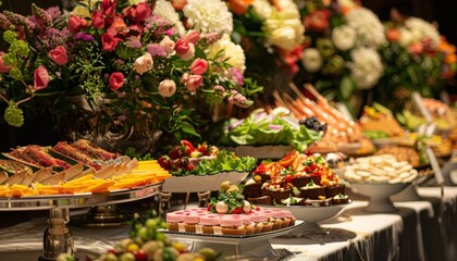 Elegant buffet table with an assortment of gourmet dishes and vibrant floral arrangements, perfect for weddings or upscale events.