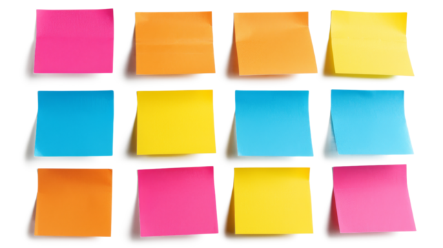 Colorful blank sticky notes isolated on transparent background