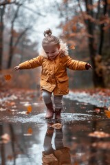 Happy kid in warm clothes splashing in puddle during autumn. Fun and adventure for children outdoors.