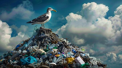 An emotive scene portraying a seabird perched atop a pile of plastic waste, its mournful cry echoing the plight of wildlife affected by ocean pollution, against a backdrop of stark realism