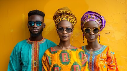 Two smiling African women in colorful traditional attire and headwraps stand against a bright yellow background.