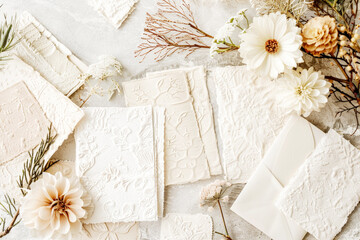 Elegant and delicate white embossed greeting cards with botanical motifs, surrounded by dried flowers and soft fabrics, creating a serene and sophisticated atmosphere. 