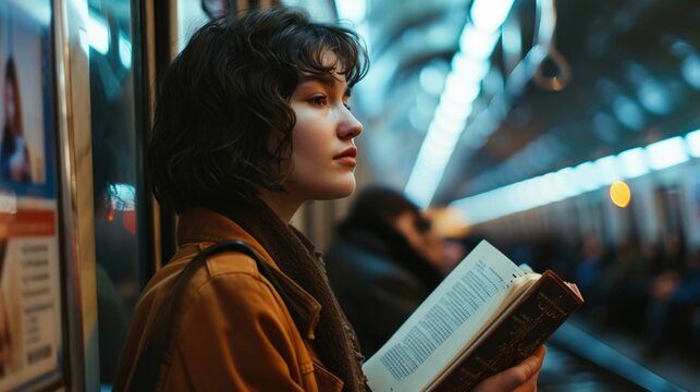 Beautiful young woman with a book in hand on the metro.