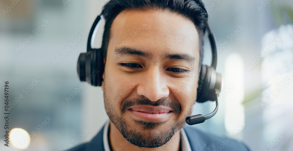 Poster man, headset and call centre operator in office, crm and consultant for technical support. male pers