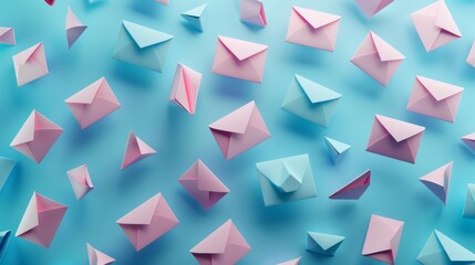 Obraz premium Elegant display of colorful paper envelopes floating gracefully on a vibrant blue background