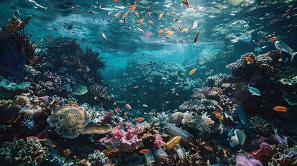 A poignant scene depicting a decaying coral reef overrun by invasive plastic debris, evoking a sense of loss and urgency for conservation efforts