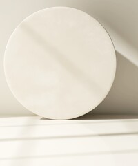 Modern and minimal beige counter podium in sunlight, shadow on round geometric shape abstract wall for luxury beauty, skincare, cosmetic, body care product display background 3D