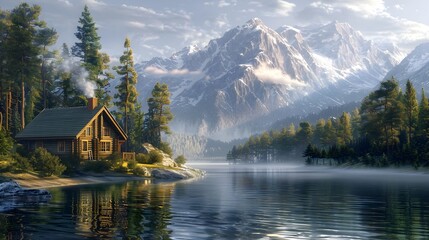 Fototapeta premium Peaceful Lakeside Retreat Amidst Towering Pine Trees and Snow Capped Mountains