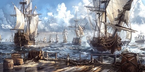 Fleet of historic ships sailing on the ocean, capturing the essence of maritime adventure and naval exploration, Gernerative AI