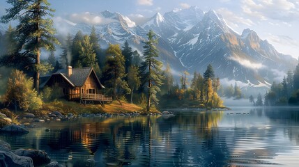 Fototapeta premium Serene Lakeside Retreat Amidst Towering Pine Trees and Snow Capped Mountains
