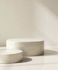 Two modern and minimal beige geometric round cylinder podium in sunlight, shadow for luxury beauty, skincare, cosmetic, body care product display background 3D