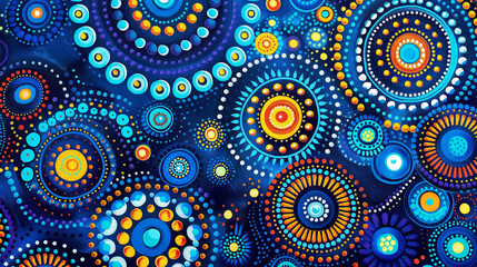 Fototapeta premium Aboriginal dot painting, bright neon Blue color foreground, kawaii, manga.