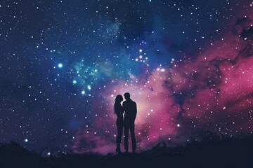Silhouetted couple standing hand in hand, gazing at the breathtaking, star-filled night sky, evoking a sense of wonder and romance.