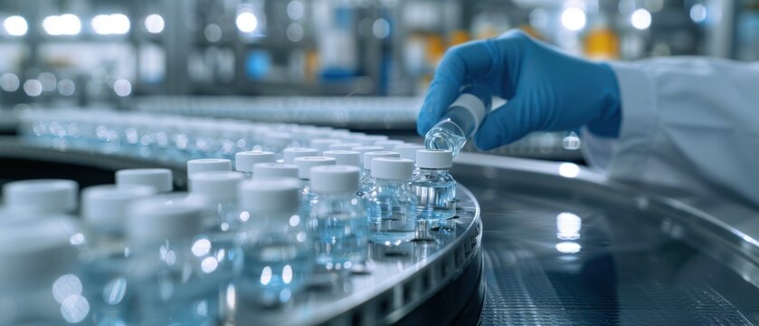Lab worker in blue gloves placing a bottle on a production line of clear glass vials in a modern laboratory or manufacturing facility.