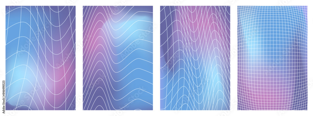 Poster 3D Abstract Smooth Blurred Gradient backgrounds in y2k style.  Cyberpunk isolated posters whit Distorted grids. Vector illustration on white background