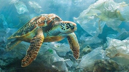 Obraz premium An emotive depiction of a sea turtle struggling to navigate through a sea of plastic bags, highlighting the urgent need for conservation efforts to protect endangered species