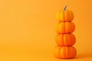 Orange pumpkins stacked on top of each other against an orange background with copy space, ideal for Halloween or autumn-themed designs and festive decorations.