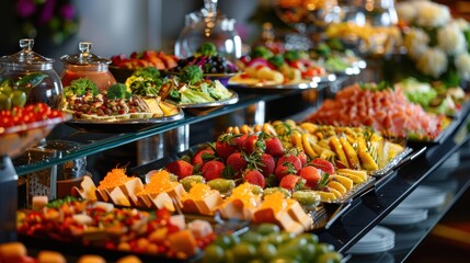 Obraz premium Luxurious buffet spread with various delectable dishes including fruits, salads, and desserts beautifully displayed in an elegant setting.