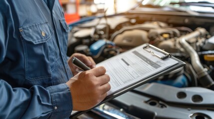 Professional Car Repairman Writing Job Checklist on Clipboard in Front of Open Car Engine