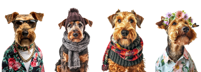 Seasonal airedale terrier dogs portraits  isolated on transparent background