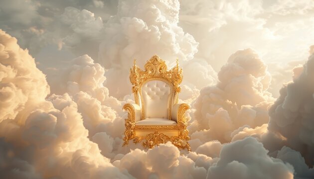 Majestic golden throne floating among fluffy clouds against a dreamy, ethereal sky, symbolizing royalty, power, and divine presence.