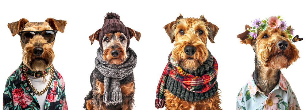 Seasonal airedale terrier dogs portraits  isolated on transparent background