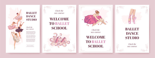 Set of ballet school poster template with hand drawn ballerina, pointe shoes on white background. Ballet studio banner, cover of flyer design. Vector illustration