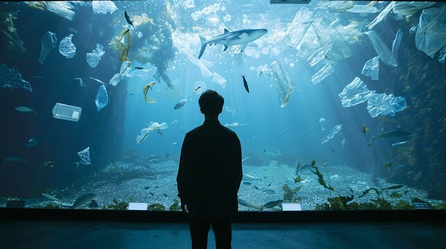 A poignant representation of oceanic tranquility shattered by the sight of a plastic-laden seabed, prompting viewers to confront the harsh realities of our throwaway culture