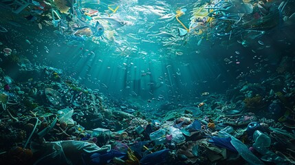 Fototapeta premium A poignant representation of oceanic tranquility shattered by the sight of a plastic-laden seabed, prompting viewers to confront the harsh realities of our throwaway culture
