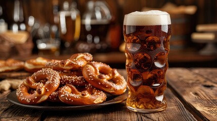 Fototapeta premium Pub Snack Delight: Beer and Pretzels on Wooden Table in Cozy Bar Setting