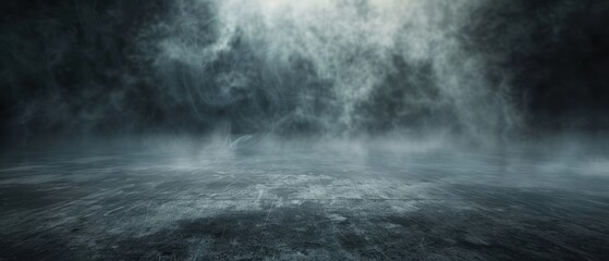 Mystical dark foggy landscape with dense mist swirling over a gloomy and eerie desolate ground beneath an overcast sky.
