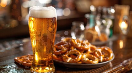 Relaxing at the Pub: Beer and Pretzels on Wooden Table