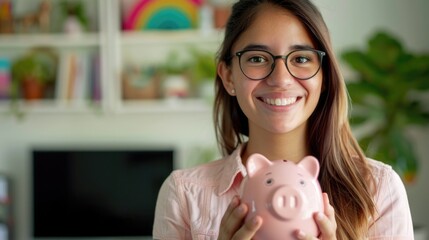 Financial Wellness in Home Office: Cheerful woman holding a piggy bank, smart financial planning concept with cozy home office background