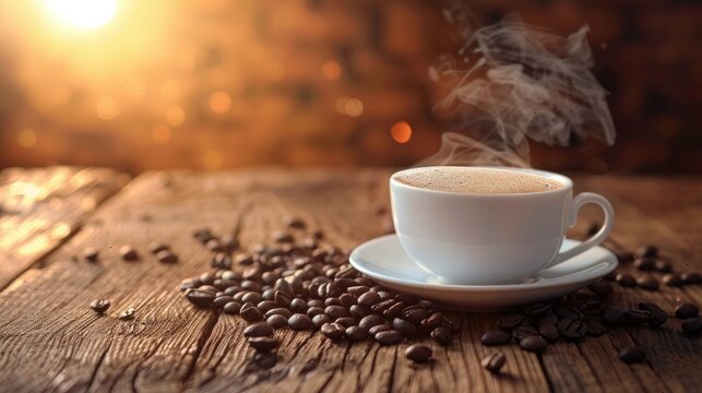 Hot Coffee cup and coffee beans roating on the wooden table