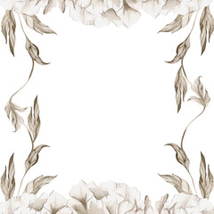 Hand drawn watercolor grisaille monochrome peony flowers, buds and leaves. Border frame isolated on white background. Design for invitations, wedding or greeting cards, floral shop, print, textile