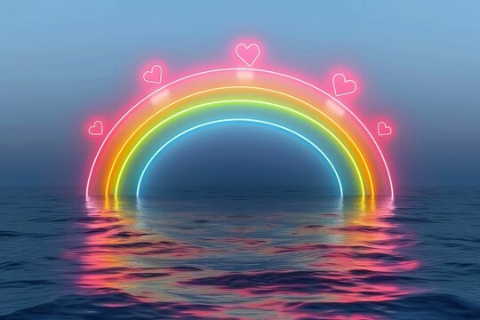 Neon heart and rainbow lights reflecting on water at dusk, capturing the serenity and beauty of love and diversity in a tranquil and colorful setting