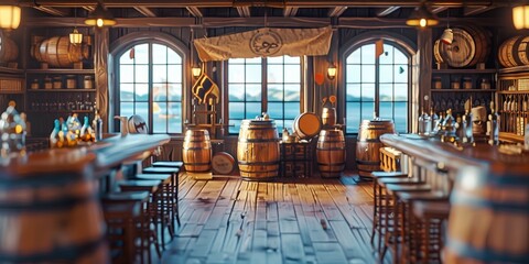 Vintage wooden bar interior with warm lighting and cozy atmosphere, featuring classic counter and stools for an inviting setting, Gerberative AI
