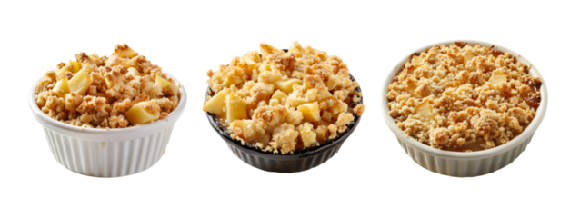 Three apple crisps with crumble topping isolate on transparent background