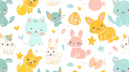 A cute pattern featuring small, adorable animals like kittens, bunnies, and foxes, illustrated in pastel colors. The background is white, making the colorful animals stand out, perfect for children’s 