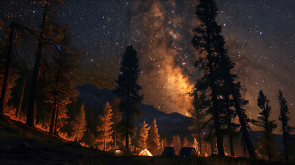 A realistic image of a nighttime camping scene with tents illuminated by a warm campfire glow. Tall trees surround the campsite, and the sky is filled with countless stars, creating a magical atmosphe