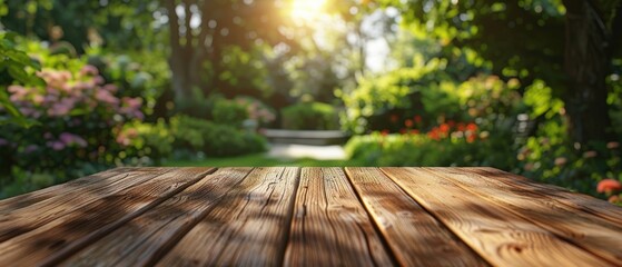 Sunlit wooden table with a blurred garden background, perfect for outdoor dining or product display. Vibrant greenery and colorful flowers.