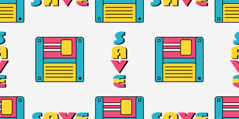 Modern vector trendy floppy diskette and word SAVE seamless pattern. Vintage 1980s style. Colorful. On black background