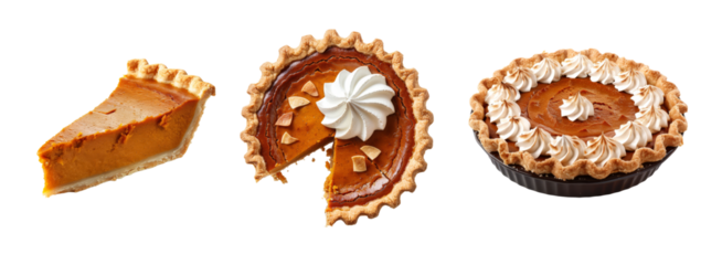 Assorted Pumpkin Pies with Whipped Cream Topping Isolated on Transparent Background