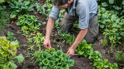 Cultivating Fresh Produce: Man Tending to Lush Vegetable Garden Outdoors