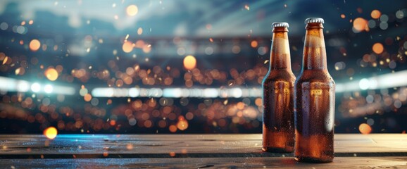 Two beer bottles on a wooden table in front of a blurred stadium with lights at night time.