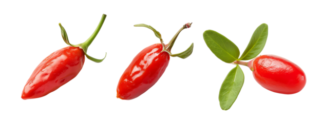 Three fresh goji berries with leaves isolate on transparent background