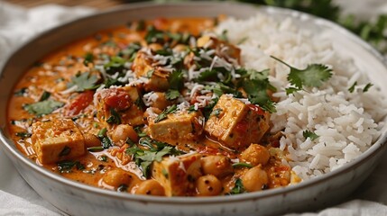 A creamy coconut curry made with cauliflower, tofu, and chickpeas, served in a monochromatic white bowl with a garnish of coconut flakes and cilantro